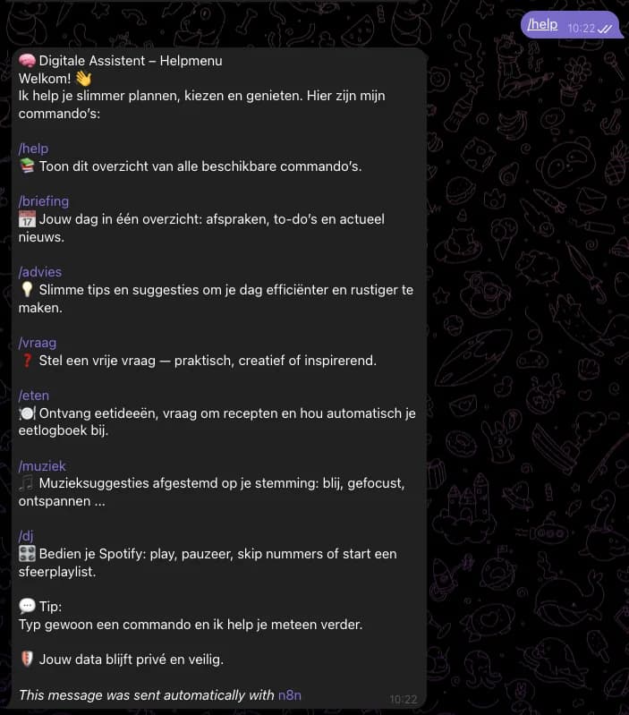 The /help menu listing all commands